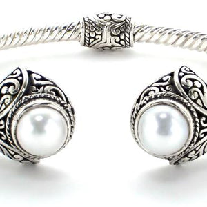 Bali Sterling Silver Freshwater Pearl Spring Hinged Cuff Bracelet
