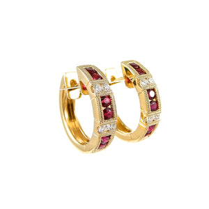 ruby diamond and miligrain hoop earrings in yellow gold