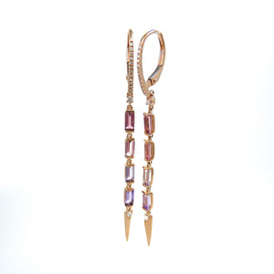 custom made 14k rose gold dangle earrings with tourmaline, amethyst and diamonds