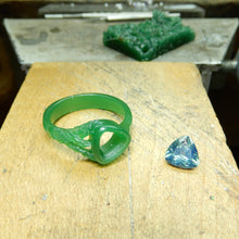 Load image into Gallery viewer, blue-green, trillion cut sapphire center stone