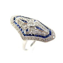 Load image into Gallery viewer, Vintage elongated diamond and sapphire ring