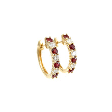 Load image into Gallery viewer, 14k yellow-gold 18 millimeter hoop earrings featuring 1 carat total weight of alternating round brilliant diamonds and rubies