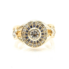 Load image into Gallery viewer, Bezel set diamond engagement ring with double halo of sapphires and round brilliant diamonds