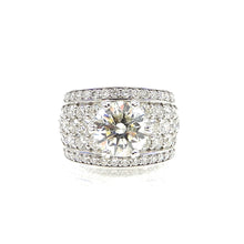 Load image into Gallery viewer, ound brilliant cut diamond center stone with a pave diamond accented shank and diamond borders