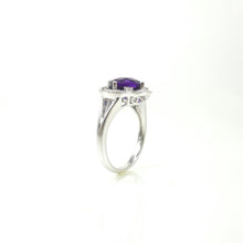 Load image into Gallery viewer, custom designed 14k white-gold ring amethyst in diamond halo