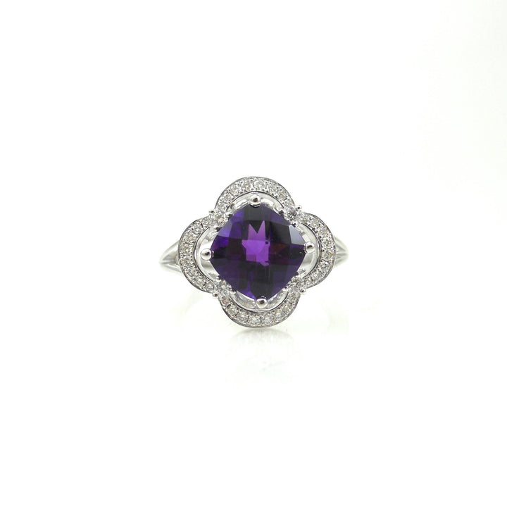 14k white-gold ring checkerboard cushion-cut amethyst in clover shaped diamond halo
