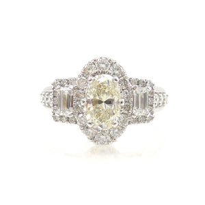 three stone halo diamond engagement ring