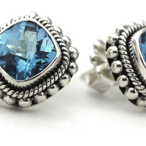 Bali Faceted Blue Topaz Stud Earrings with Hand Beaded Rope Trim