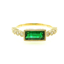 Load image into Gallery viewer, east west baguette emerald with milgrain bezel with round diamond accented band ring