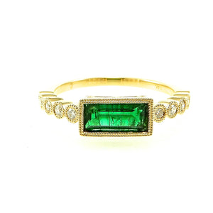 east west baguette emerald with milgrain bezel with round diamond accented band ring