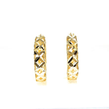 Load image into Gallery viewer, Gold hoop earrings with geometric design on a white background