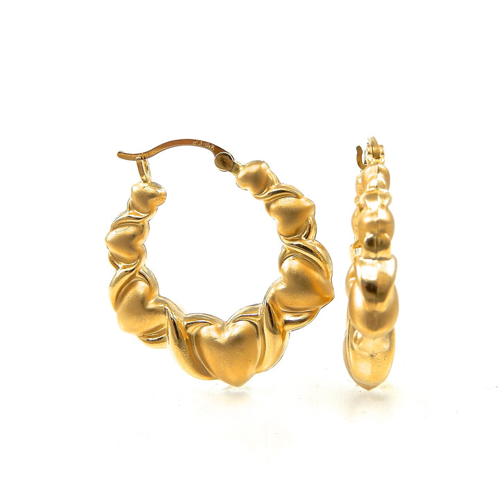 Estate Puffed Heart Matte Yellow Gold Hoop Earrings