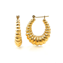 Load image into Gallery viewer, Estate Puffed Ribbed Yellow Gold Hoop Earrings