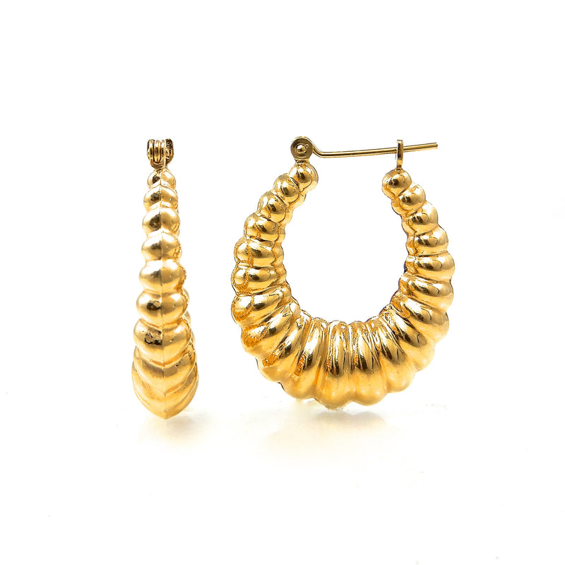 Estate Puffed Ribbed Yellow Gold Hoop Earrings