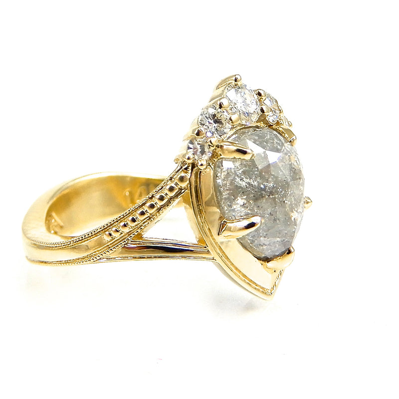 Framed Pear Shaped Salt and Pepper Diamond Engagement Ring