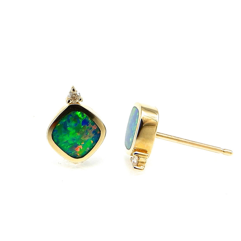Square opal bezel set stud earring with diamond accent