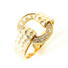 Load image into Gallery viewer, yellow gold ring with hammered band and open oval accented by diamonds