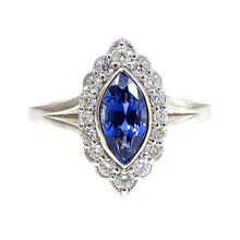 Load image into Gallery viewer, Marquis Cut Sapphire with Scalloped Diamond Halo Engagement Ring
