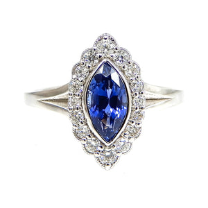 Marquis Cut Sapphire with Scalloped Diamond Halo Engagement Ring