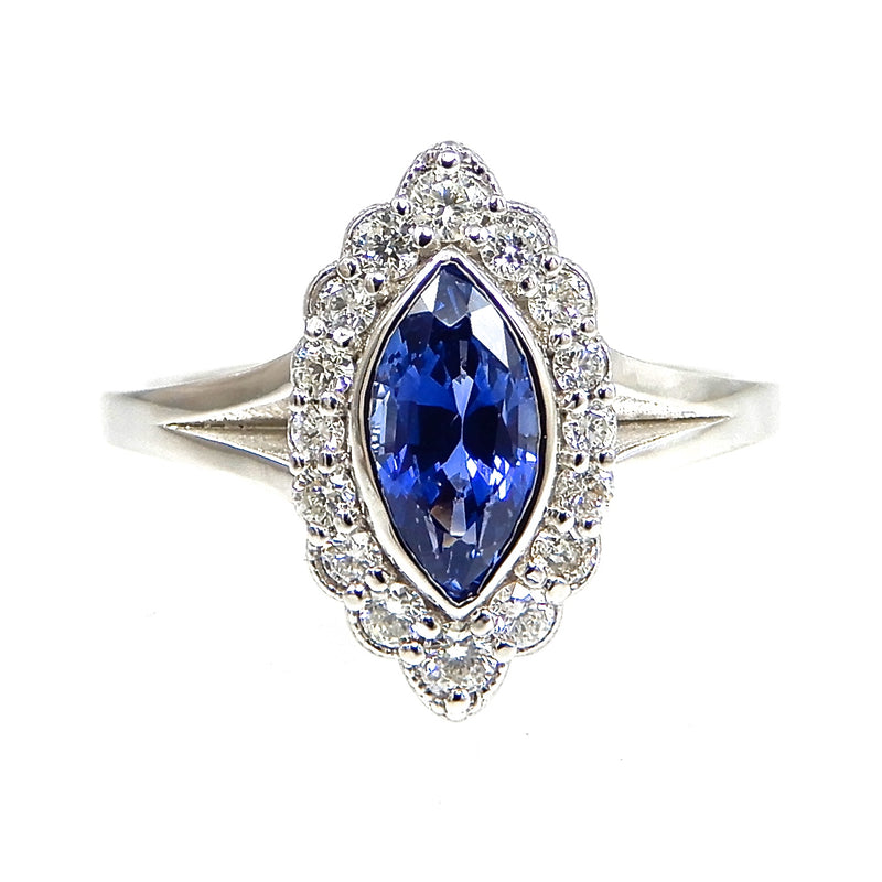 Marquis Cut Sapphire with Scalloped Diamond Halo Engagement Ring