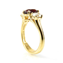 Load image into Gallery viewer, Oval Ruby Three Stone Engagement Ring Side View