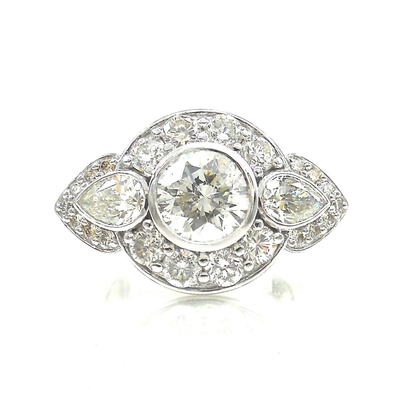 Round Bezel Set Diamond with Pear Accents and round diamond halo Engagement Ring