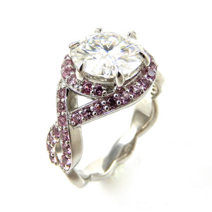 Round Cut Diamond with Pink Sapphire Infinity Halo Twisted Band View