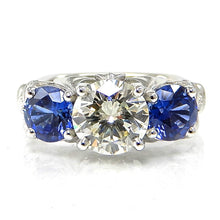 Load image into Gallery viewer, Round Diamond and Sapphire Three Stone Engagement Ring