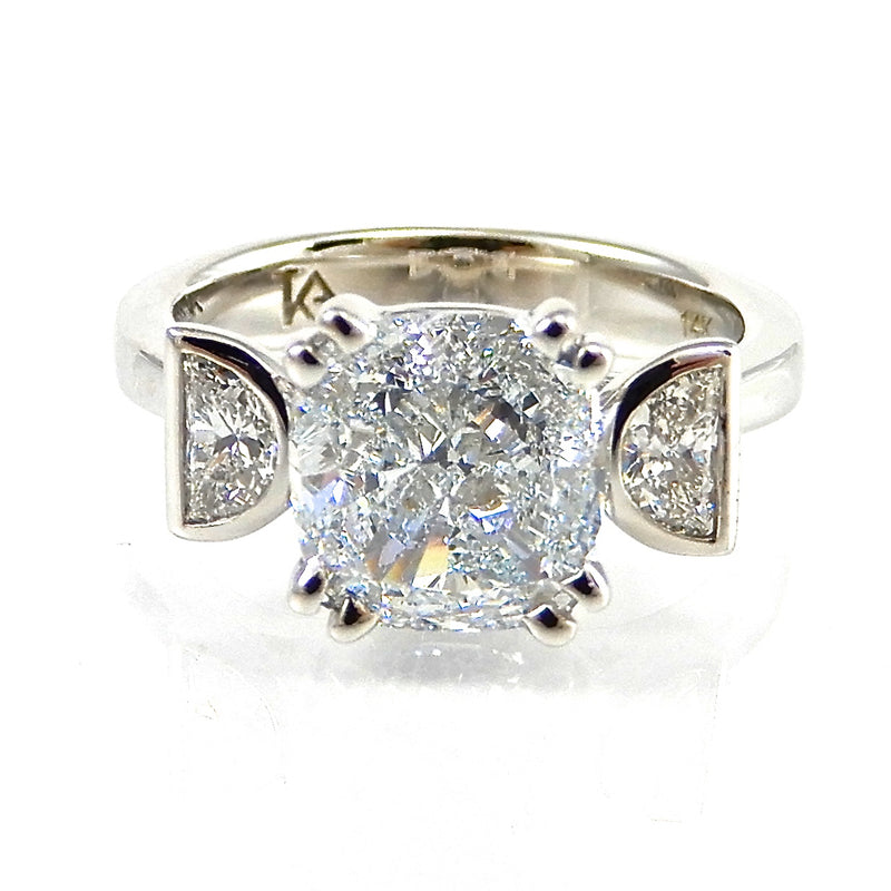 Round Diamond with Half Moon Accents Engagement Ring