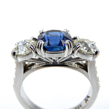 Load image into Gallery viewer, Round Sapphire and Diamond Three Stone Ring Milgrain Detail