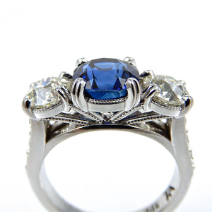 Round Sapphire and Diamond Three Stone Ring Milgrain Detail