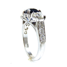 Load image into Gallery viewer, Round Sapphire and Diamond Three Stone Ring Side View