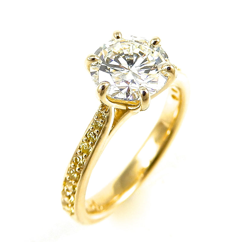 Six Prong Round Diamond Engagement Ring with Yellow Diamonds