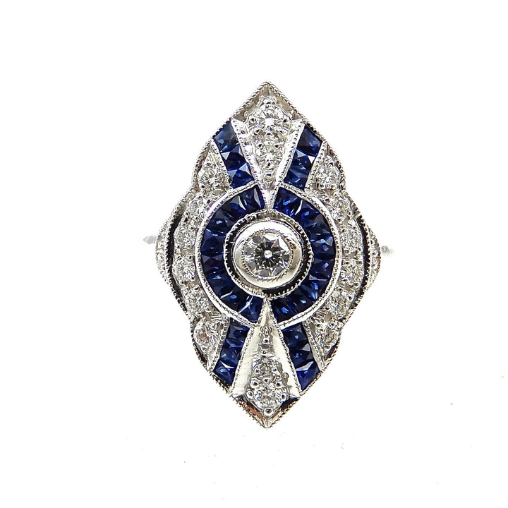 Sapphire and diamond vintage style white gold ring
