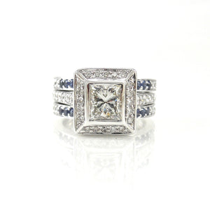 bezel-set princess cut diamond engagement ring with sapphire accents