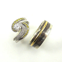 Load image into Gallery viewer, custom wedding band set diamond solitaire and two toned band