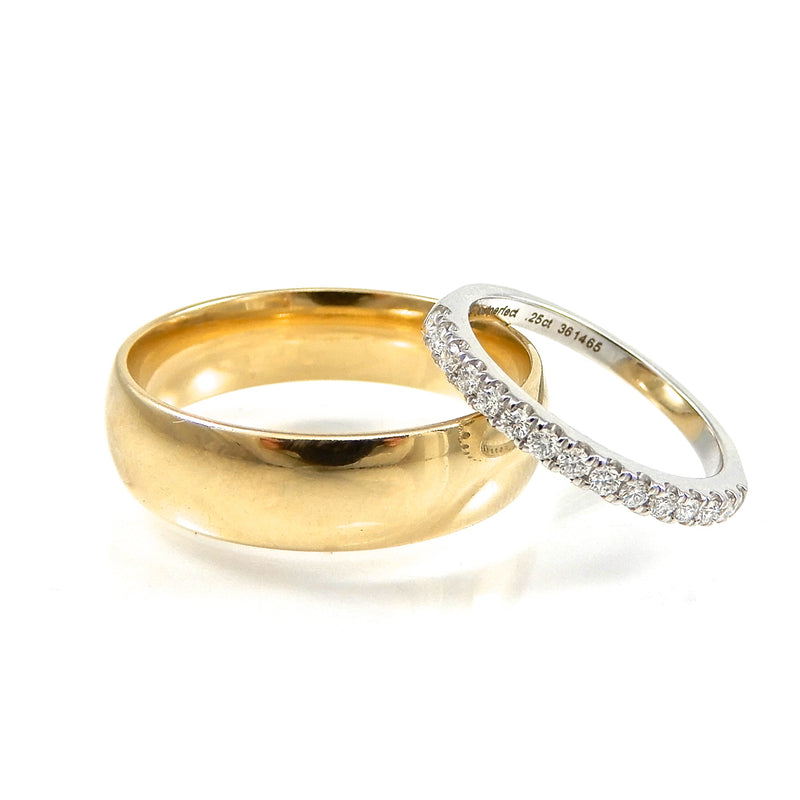 diamond wedding band and yellow gold wedding band set