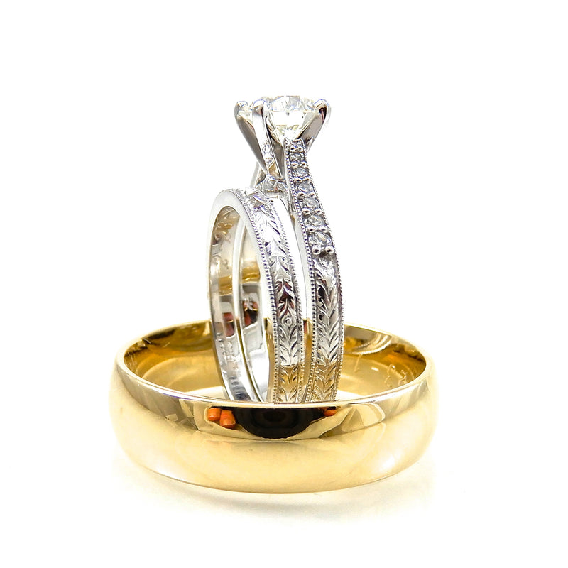 solitaire engagement ring and yellow gold wedding band set