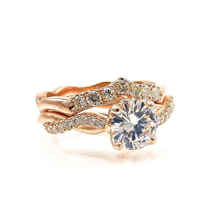 rose gold solitaire engagement ring with diamond wedding band