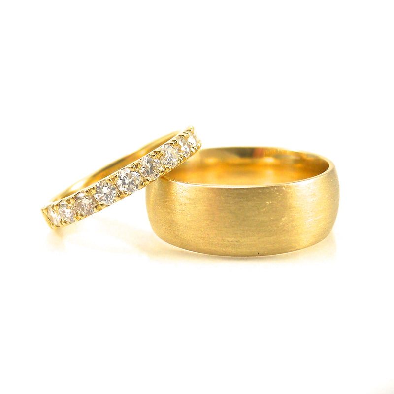 diamond wedding band and yellow gold wedding band matching set