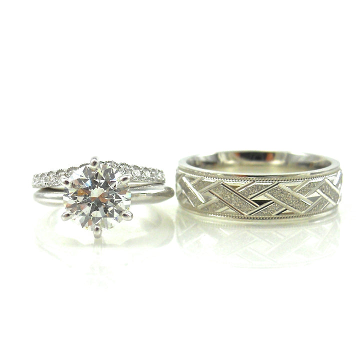 solitaire engagement ring, diamond eternity band and mens wedding band set