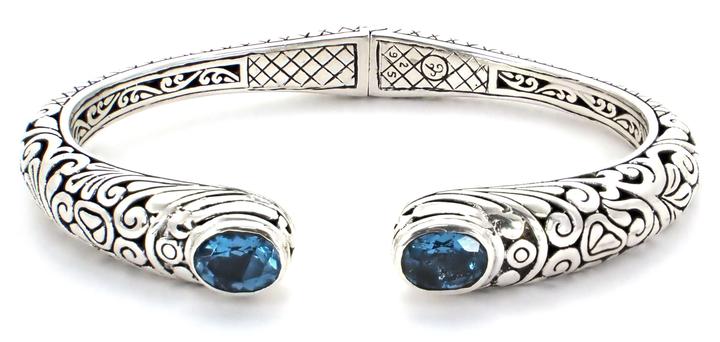 Bali Sterling Silver Swiss Blue Topaz Spring Hinged Bracelet