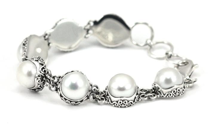 Bali Sterling Silver Bracelet with Freshwater Pearls and Filigree Adornment