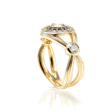 Load image into Gallery viewer, Handcrafted bezel set diamond engagement ring with double halo of sapphires and round brilliant diamonds