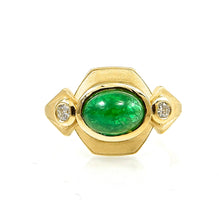 Load image into Gallery viewer, Cabochon emerald set in geomtric shaped yellow gold ring with diamond accents
