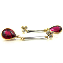 Load image into Gallery viewer, Pear shaped Rubellite tourmaline and diamond dangle earrings