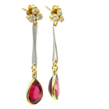 Load image into Gallery viewer, Handcrafted Pear shaped Rubellite tourmaline and diamond dangle earrings