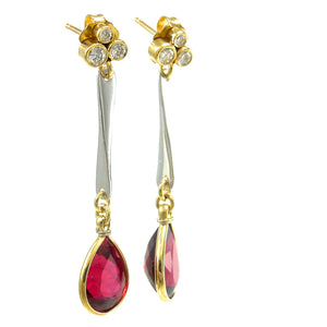 Handcrafted Pear shaped Rubellite tourmaline and diamond dangle earrings