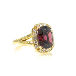 Rhodolite Garnet Ring with diamond halo set in yellow-gold