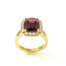 Load image into Gallery viewer, Yellow-Gold Rhodolite Garnet Ring with diamond halo